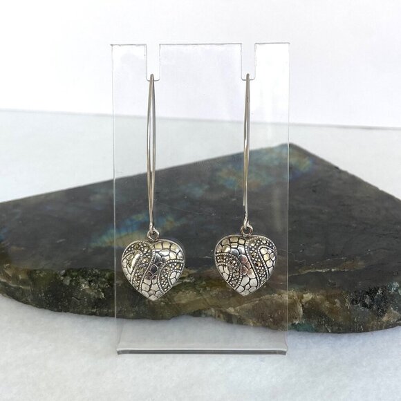 Sterling Silver 925 Marcasite Puffy Heart Threader Style Dangle Drop Earrings - Picture 1 of 16